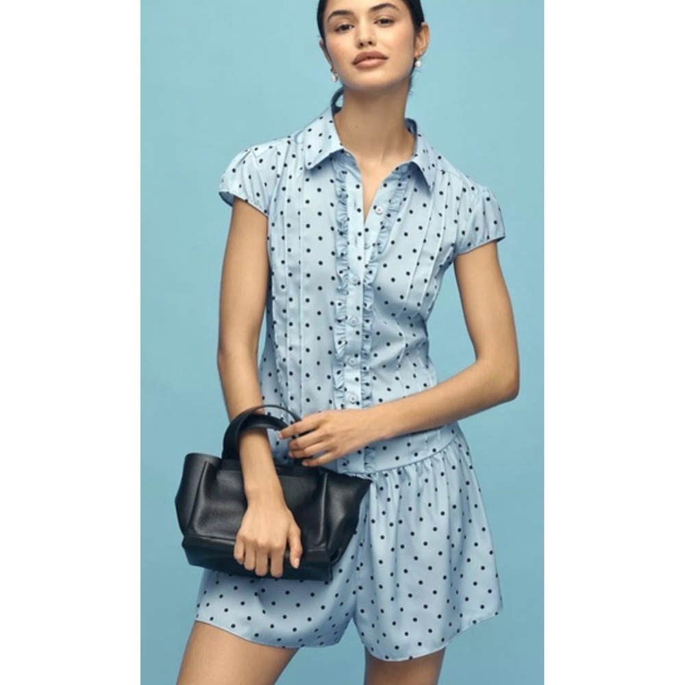 NWT Maeve Anthropologie Polka Dot Cap Sleeve Button‎ Front Romper Blue Size L